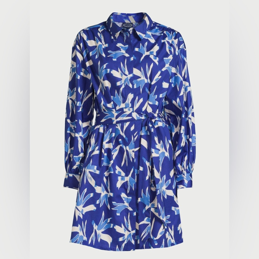 Chic Blue Floral Long Sleeve Shirt Dress